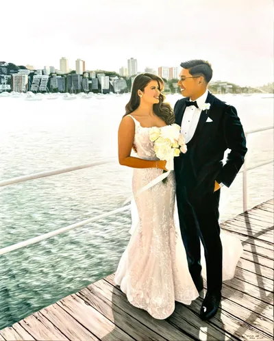 Realistic oil wedding painting of a couple on a timber wharf with harbourside apartments and moored boats, by Mina Lee