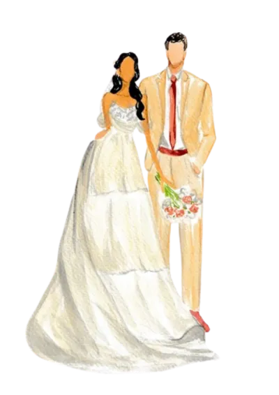 Faceless watercolour fashion illustration of a bride in a tiered gown and a groom in a tan suit, by Navia Mae Studio