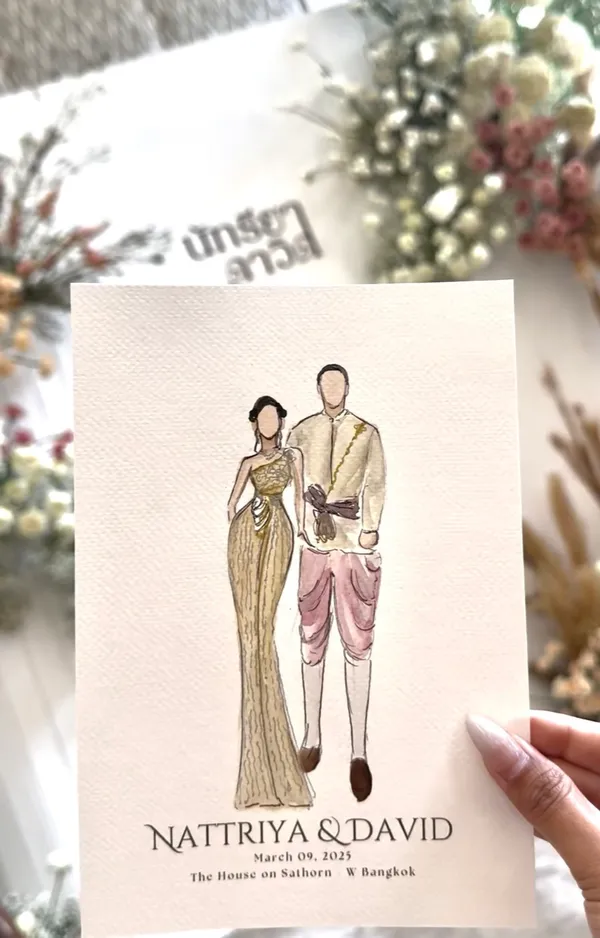 Watercolour sketch of a couple in traditional Thai wedding attire at The House on Sathorn, W Bangkok, by Navia Mae Studio