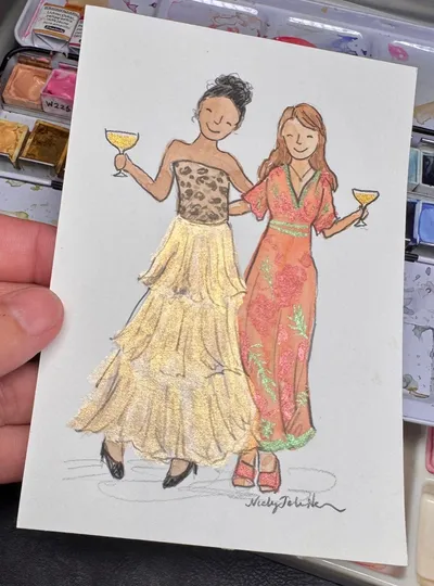 Watercolour and pencil guest portrait of two smiling women in gowns holding champagne by Nicky Johnston Illustration