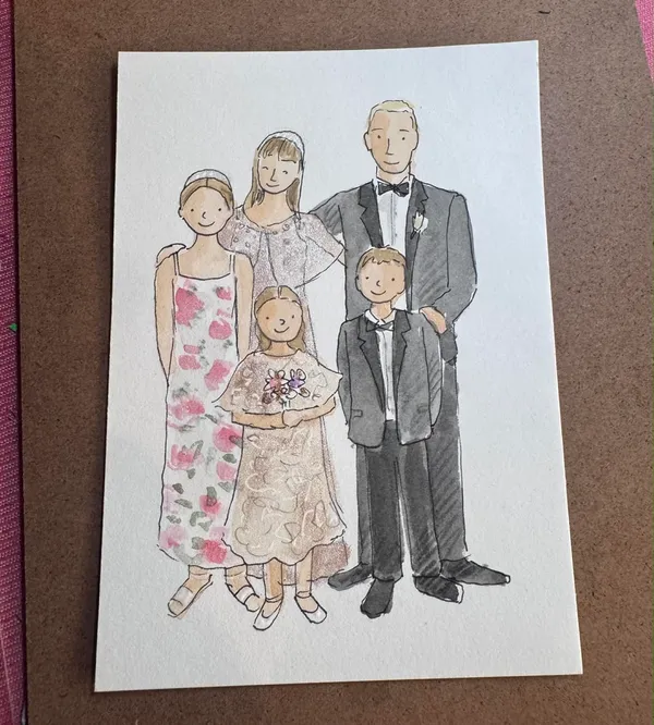 Watercolour and pencil wedding guest portrait of a family of five in formalwear by Nicky Johnston Illustration