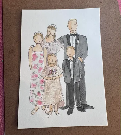 Watercolour and pencil wedding guest portrait of a family of five in formalwear by Nicky Johnston Illustration