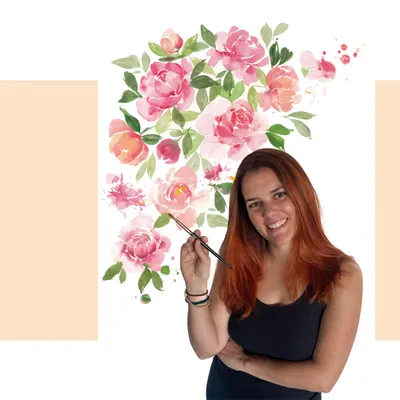 Artist Poppy Ridsdill holding a paintbrush beside loose pink watercolour peonies, by I Am Poppy