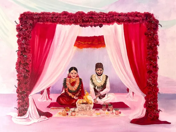 Live acrylic painting of a traditional Nepalese wedding ceremony under a red rose canopy by Risa Live Painting