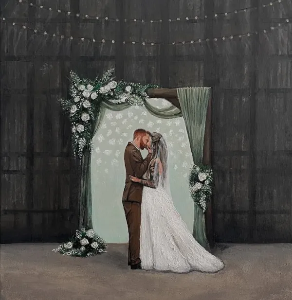 Live acrylic wedding painting of a couple kissing under a floral arch in a barn with festoon lights by Sarah Berry