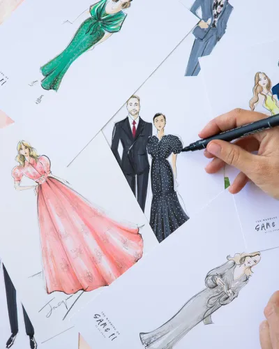 Fashion-style ink and marker wedding guest portraits of couples in gowns and suits by Sarah Darby Illustrations