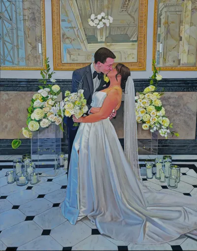 Large live acrylic wedding painting of a couple kissing between white floral arrangements and candles by Sarah Di Martino
