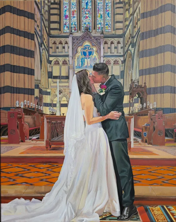 Live acrylic wedding painting of a couple kissing at a cathedral altar under stained glass by Sarah Di Martino