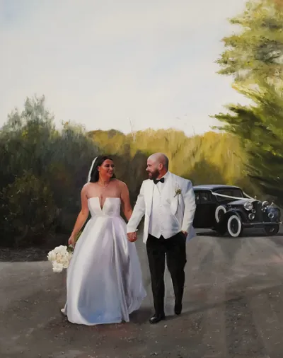 Photorealistic live oil wedding painting of a couple walking hand in hand beside a vintage car by Rebekka Lord-Johnson