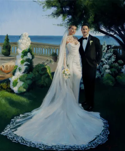 Oil painting of a bride in a long lace-edged veil and a groom in a tuxedo in a seaside garden by Zac Hampson