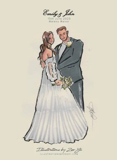 Ink and marker fashion sketch of a bride and groom on a personalised Maleny Manor wedding card, by Illustrations by Zoo Yi