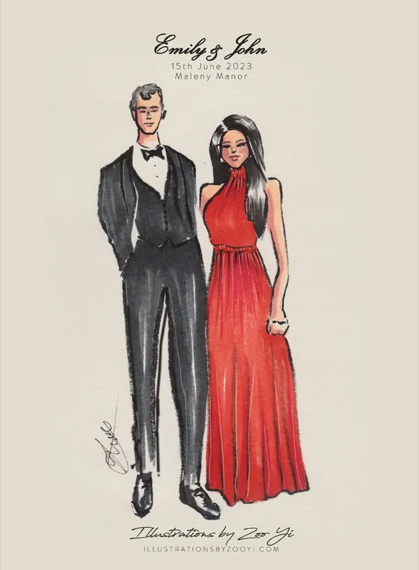 Ink and marker fashion sketch of a guest couple in a tuxedo and red gown on a Maleny Manor card, by Illustrations by Zoo Yi